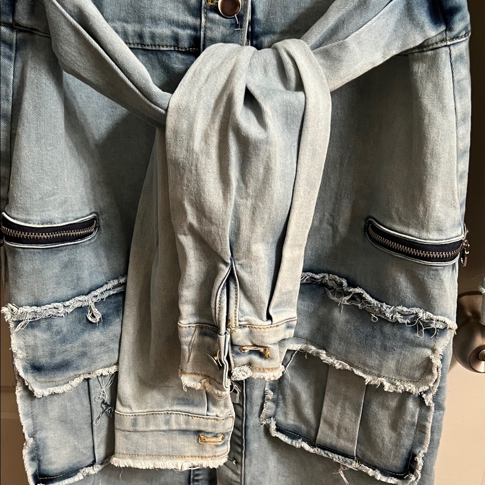 Akira Light Wash Denim Button-Front Maxi Dress or Coat Waist Tie size L - Picture 6 of 10